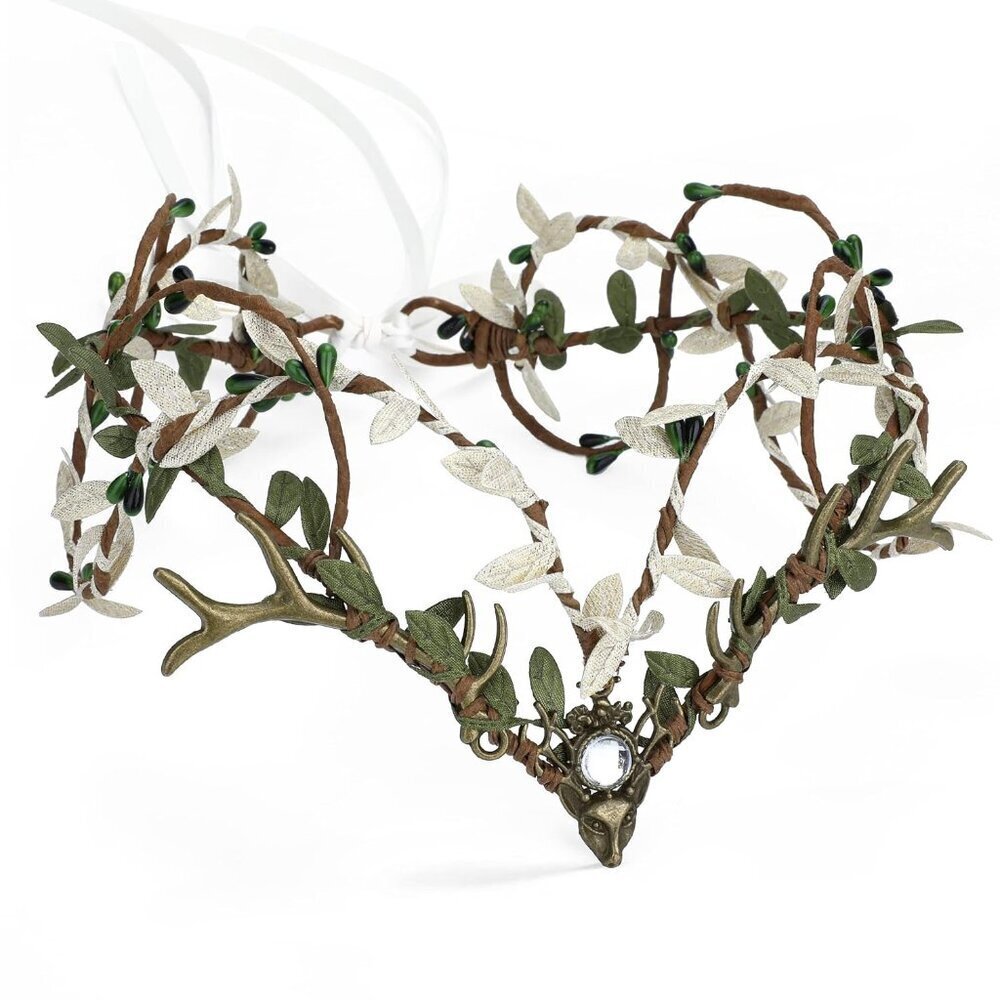 Woodland Elf Crown Fairy Antler Headpiece Floral Circlet for Women Renaissance H